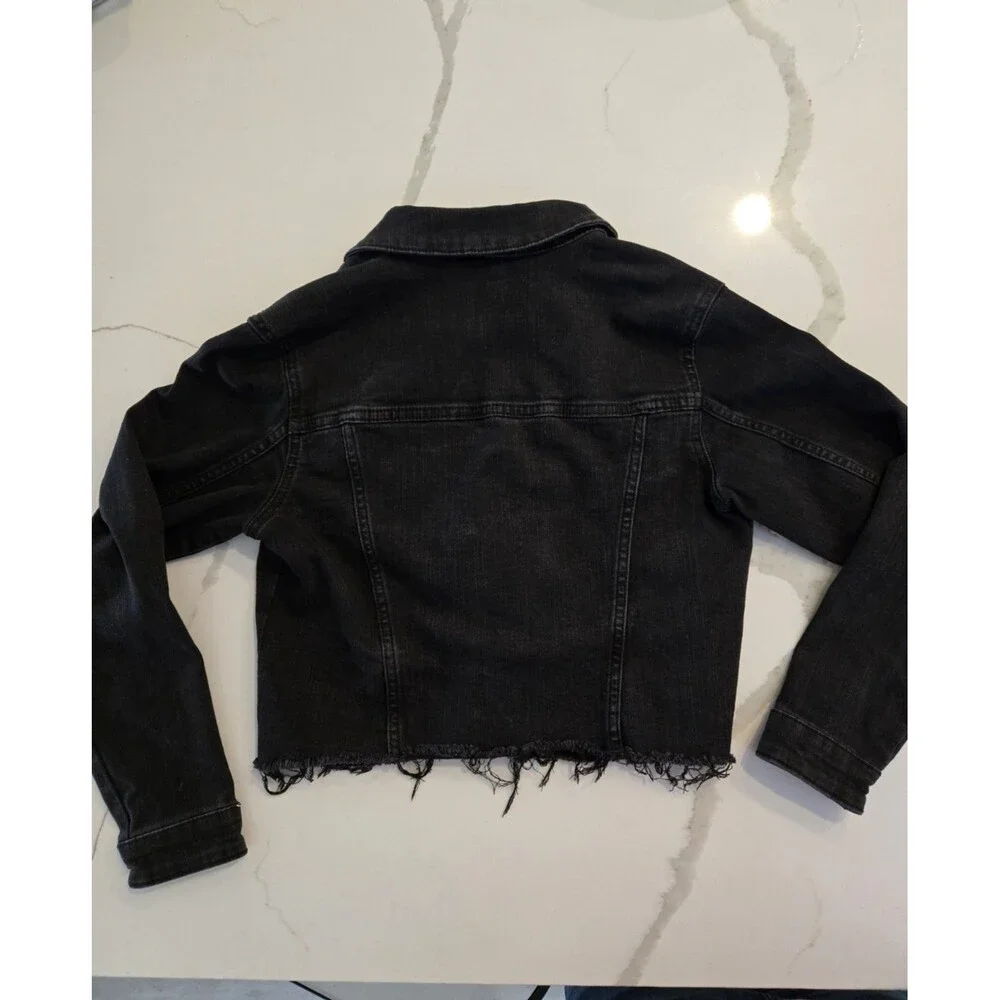 Wonder Nation L 10-12 Cropped Denim Jacket Kids Girls Black Frayed Patch Trucker
